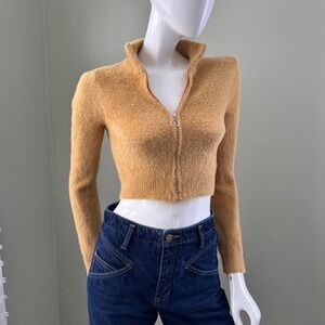 70s style fuzzy cropped orange tan long sleeve zip up w collar